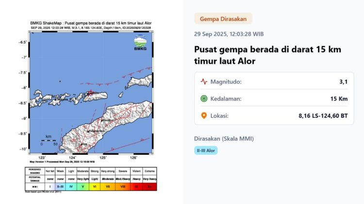 Gempa Hari Ini Awal Pekan Senin 29 September 2025 Terjadi di Alor NTT